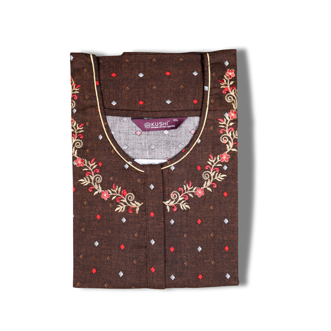 Blue Polka Dot Printed Cotton Nighty with Embroidered Neckline