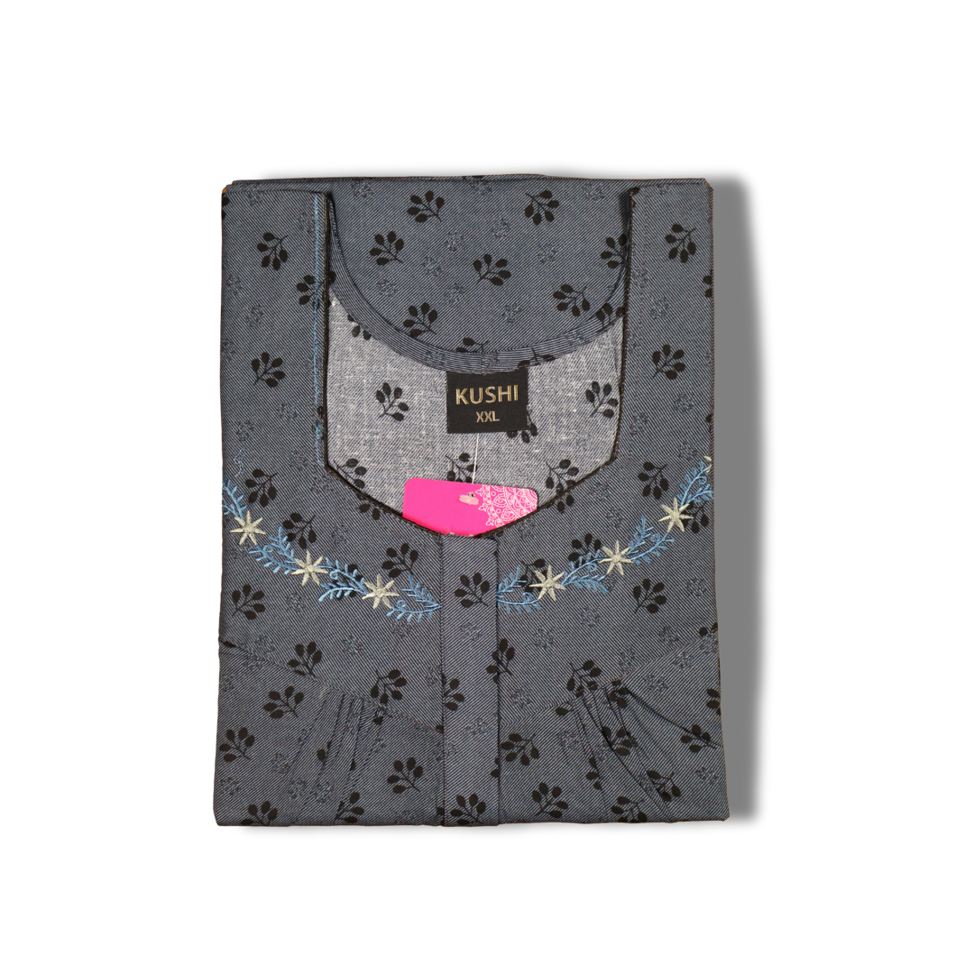Elegant Teal Blue Cotton Nighty with Subtle Floral Prints