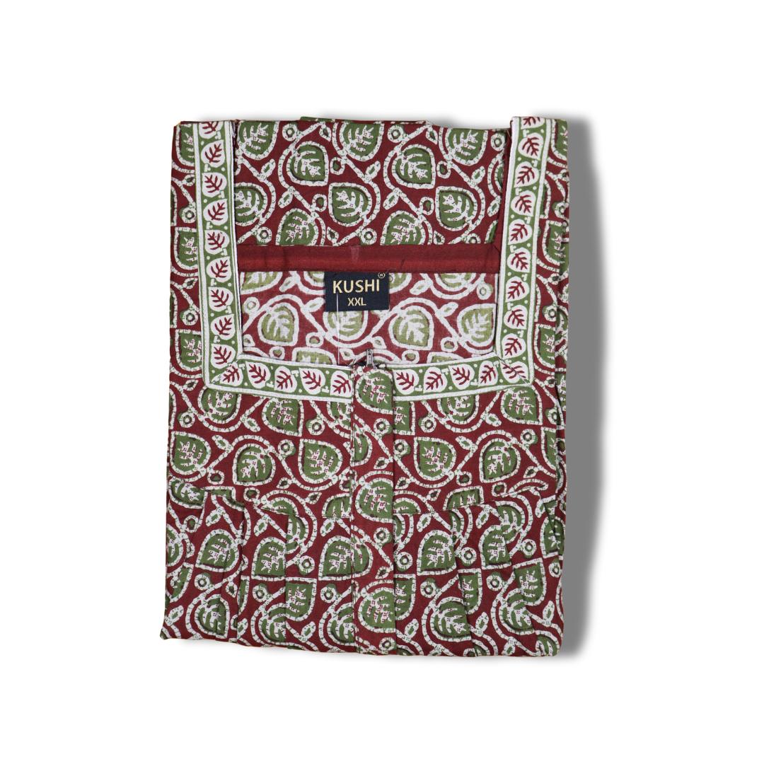 Jaipur Cotton Printed Nighty – Green with Red Floral Design