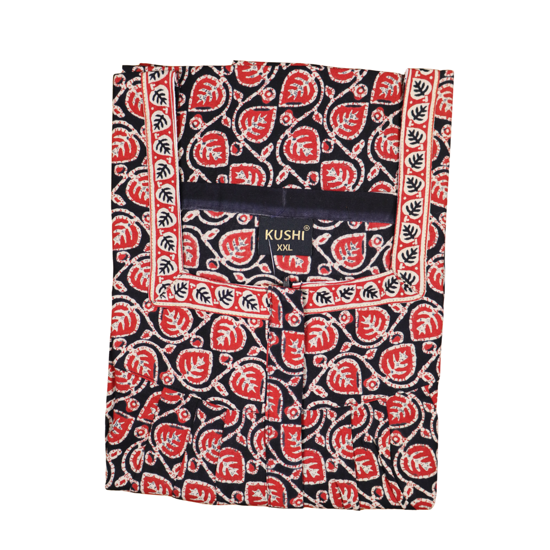 Jaipur Cotton Printed Nighty – Green with Red Floral Design