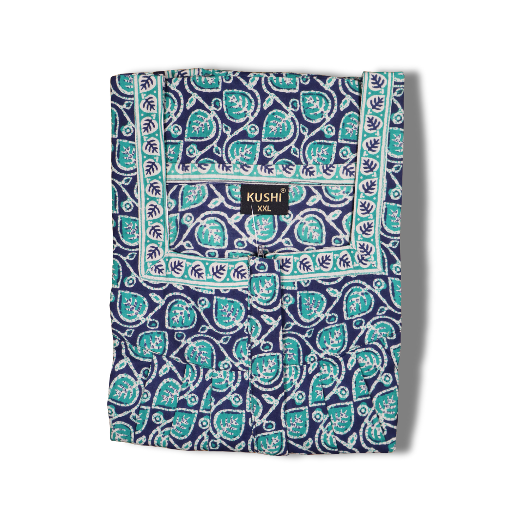 Jaipur Cotton Printed Nighty – Green with Red Floral Design