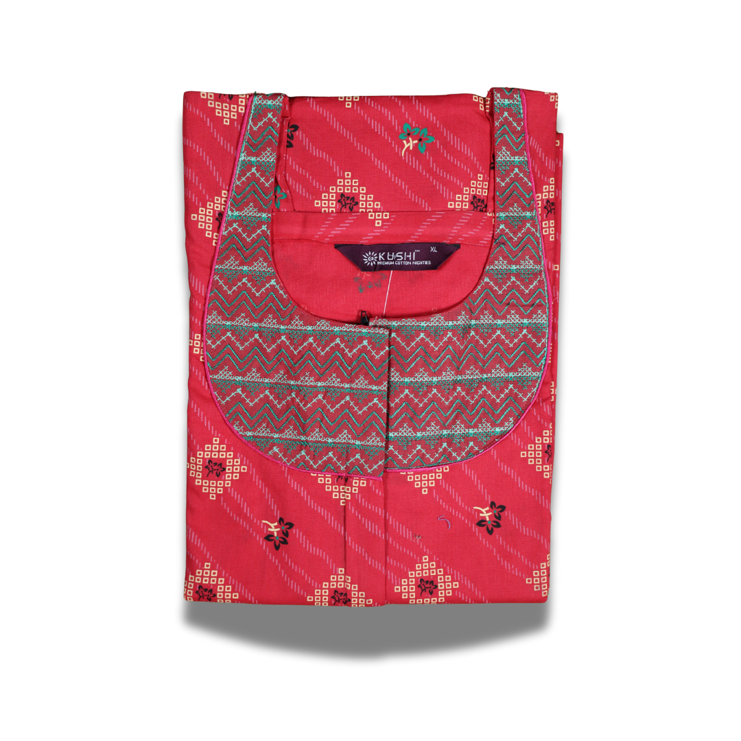 Rust Orange Printed Cotton Nighty with Zigzag Neck Yoke