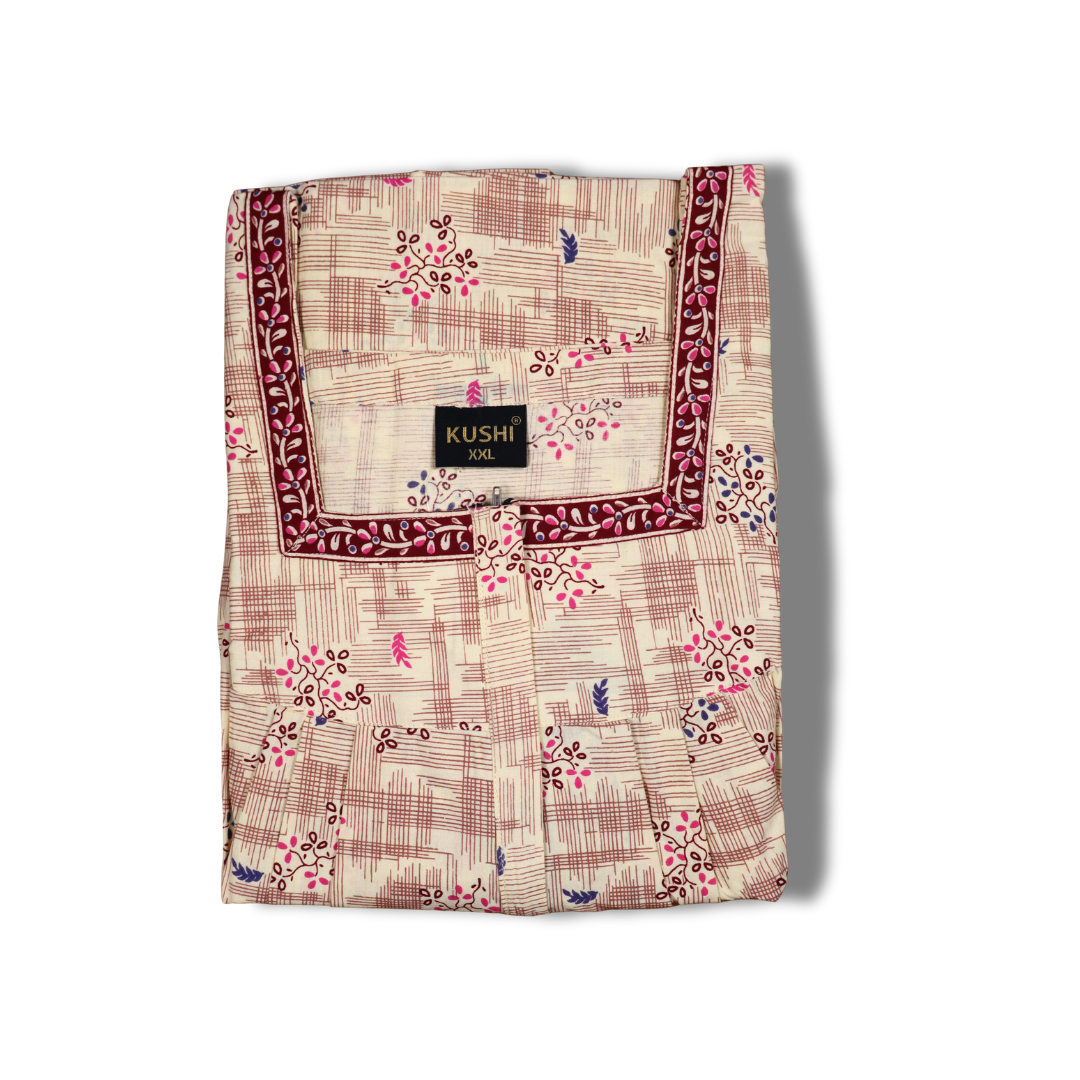 Beige Printed Cotton Nighty with Red Border Detailing