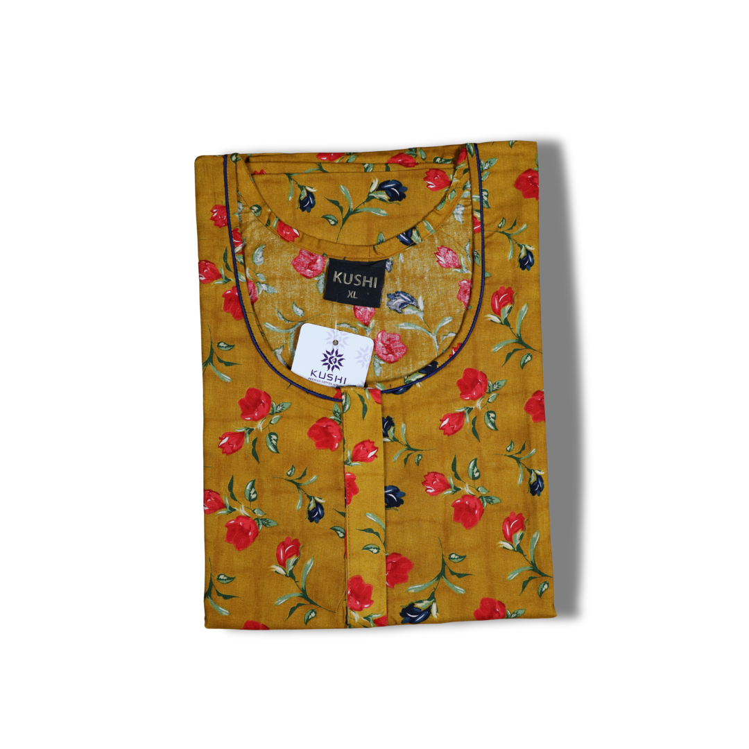 Dark Green Floral Cotton Nighty with Red Rose Print