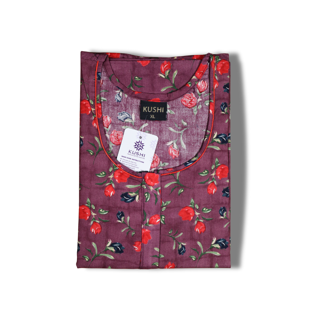 Dark Green Floral Cotton Nighty with Red Rose Print