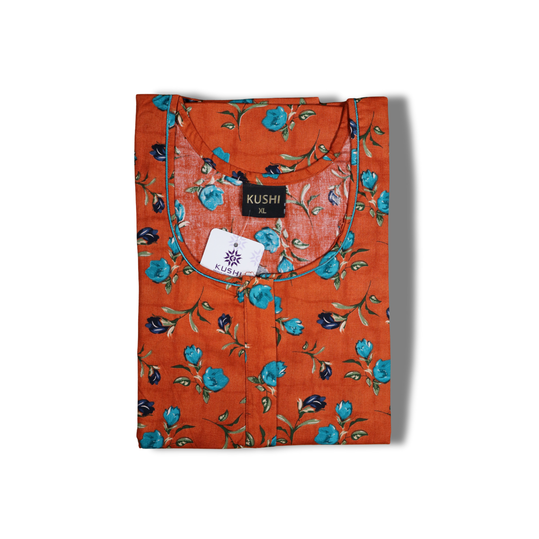 Dark Green Floral Cotton Nighty with Red Rose Print