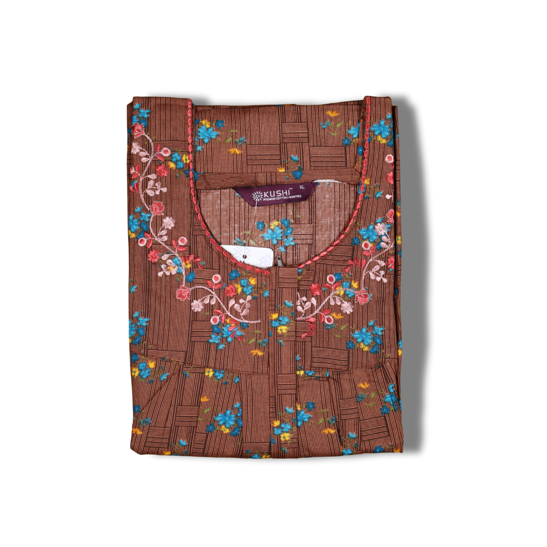 Elegant Green Floral Printed Nighty with Embroidered Neckline