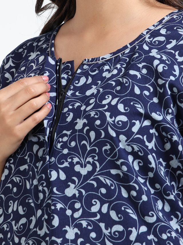 Pure Rayon Dark Blue Floral Printed Nighty for Women