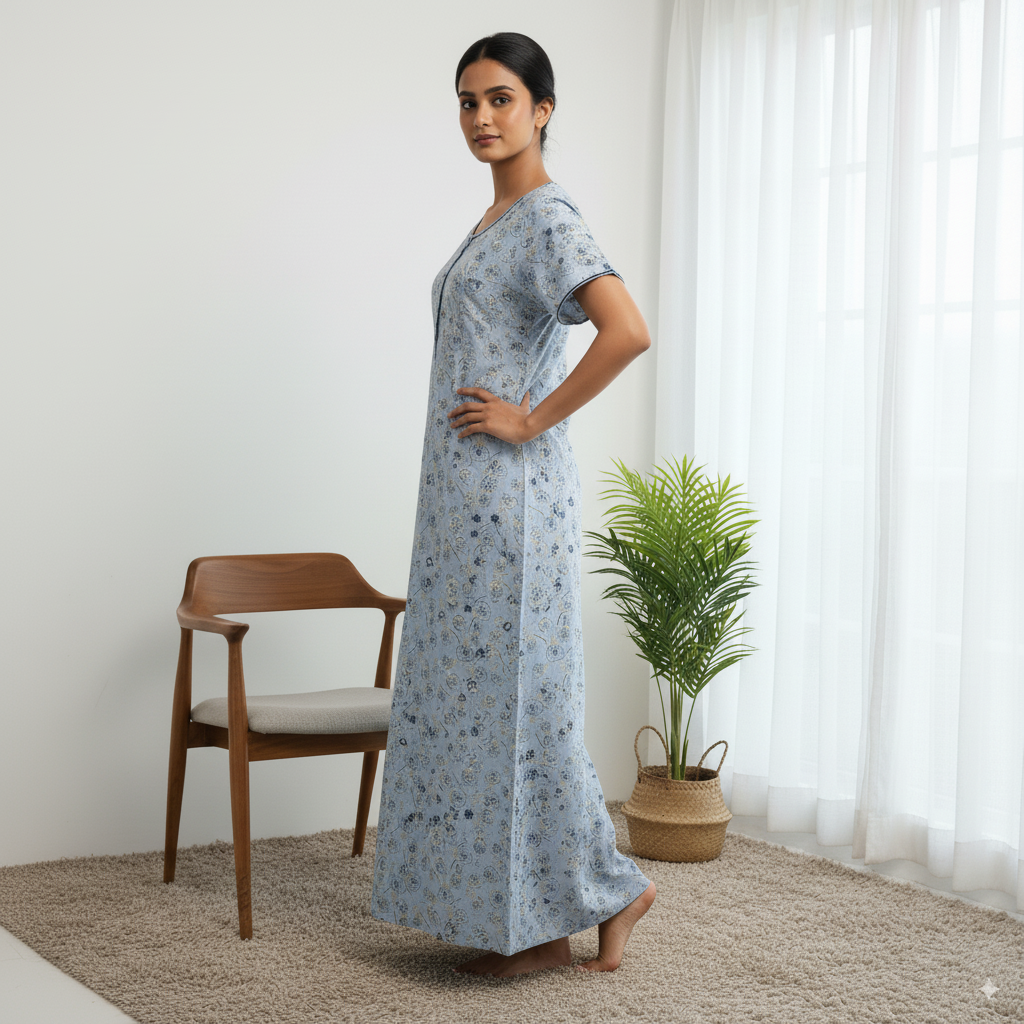 Premium Cotton Printed Blue Nighty for Women – Floral Design with Embroidered Neck