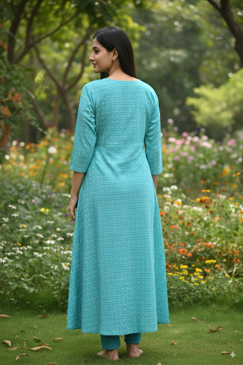 Turquoise blue Cotton Printed Kurti with 3/4th Sleeves