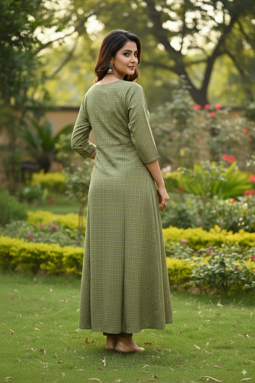 Premium Cotton Kurti with Elegant Green Print – 3/4 Sleeve