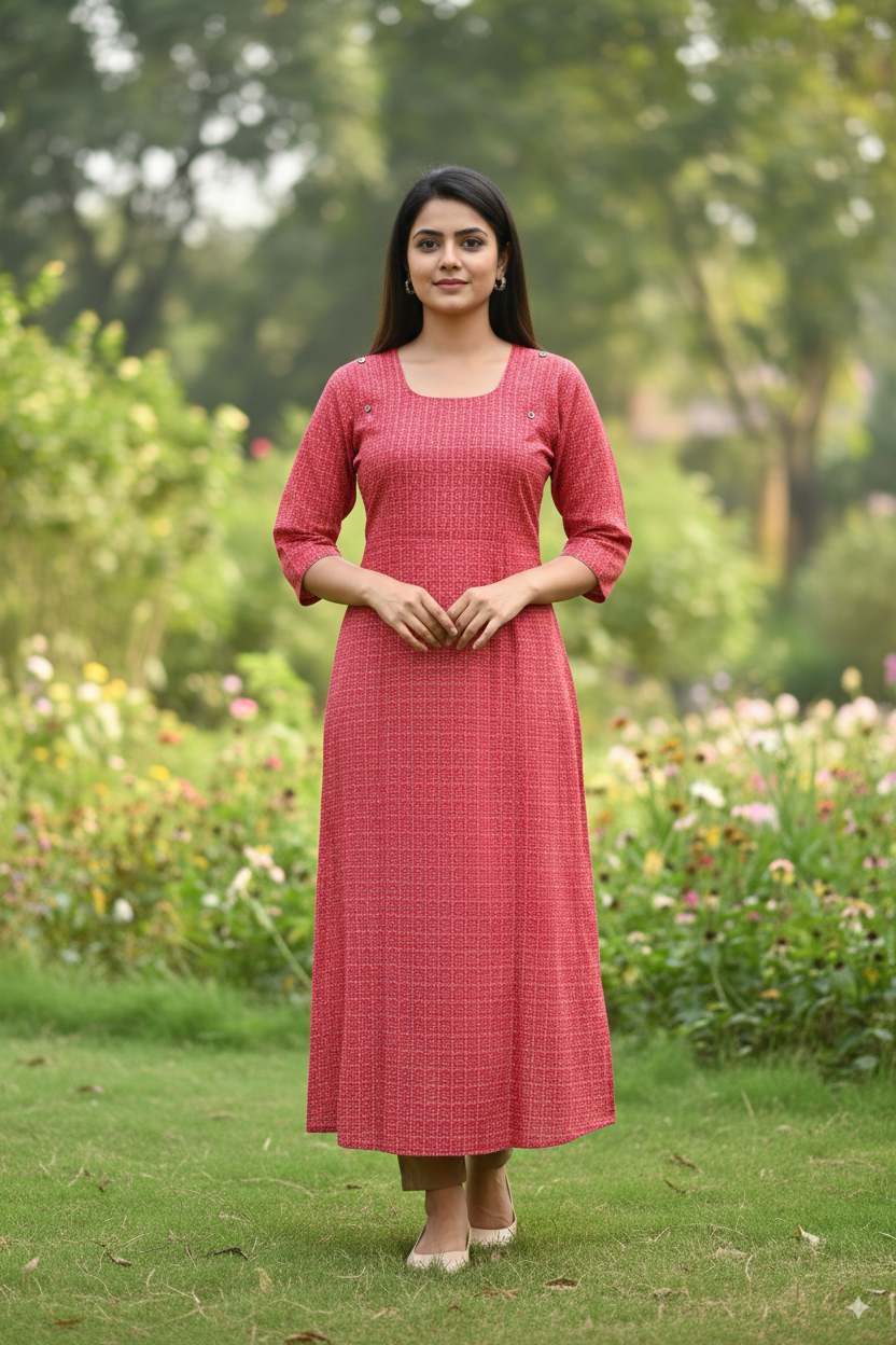 Premium Cotton Kurti with Elegant Red Print – 3/4 Sleeve