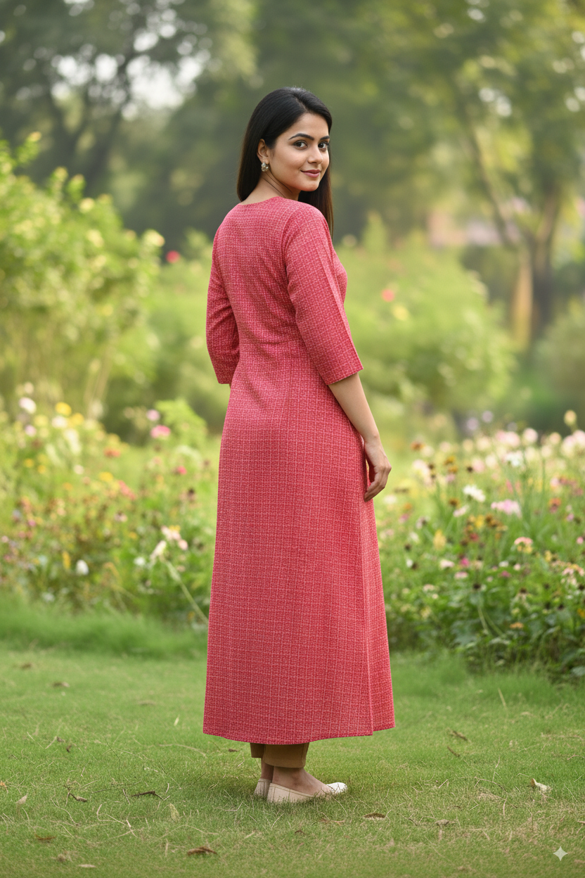 Premium Cotton Kurti with Elegant Red Print – 3/4 Sleeve