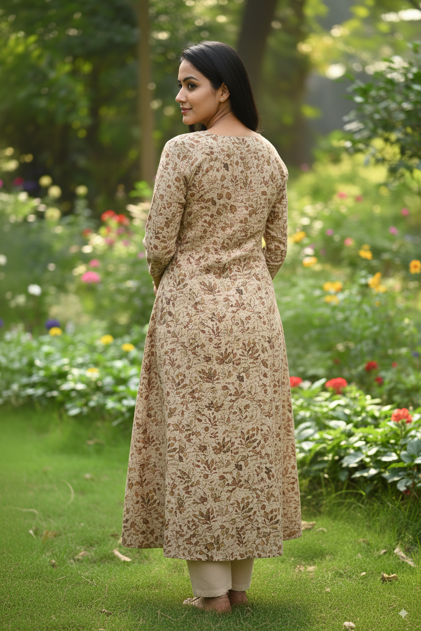 Premium Cotton Kurti with Beige Floral Print – 3/4 Sleeve