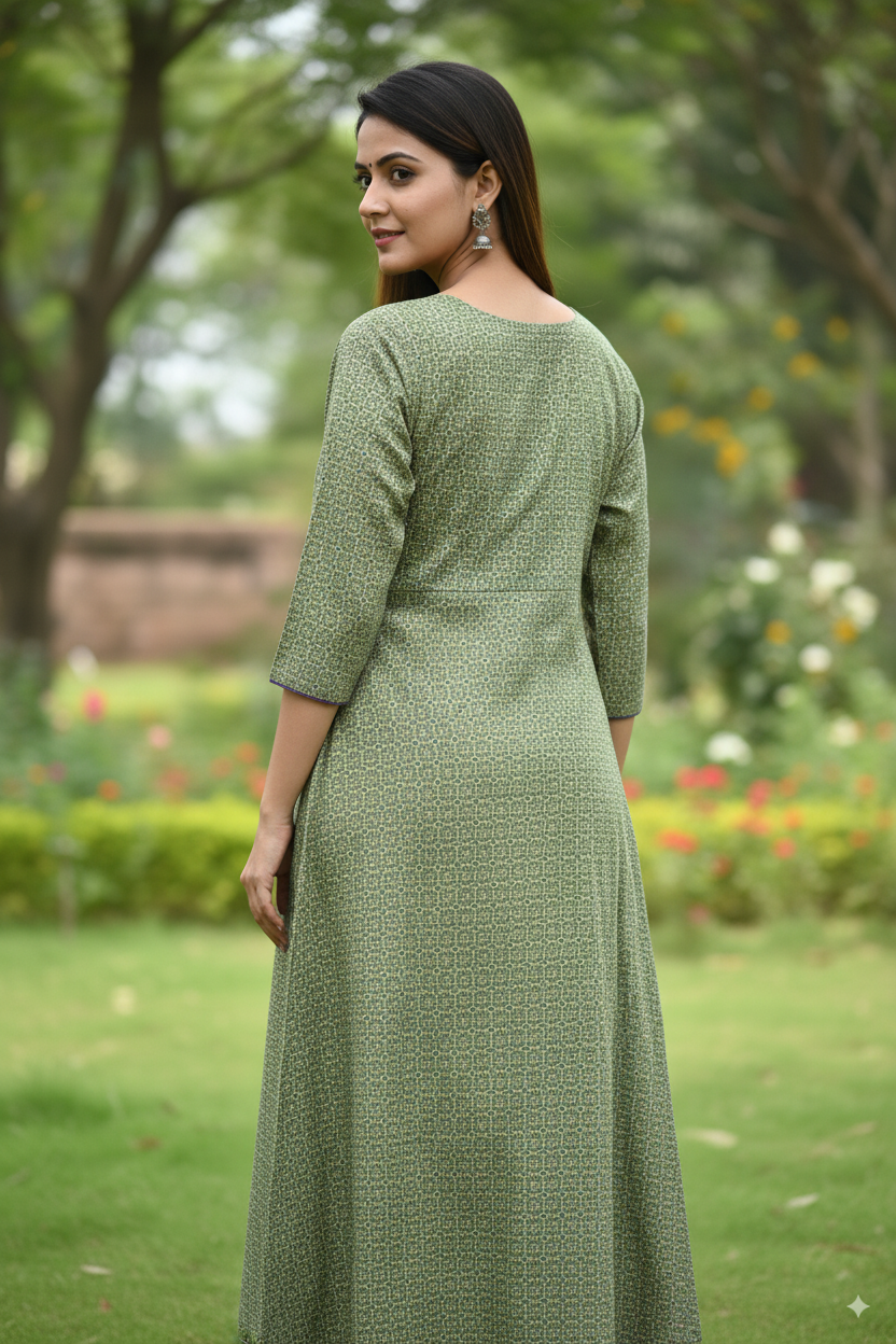Premium Cotton Kurti with Subtle Geometric Print – Green