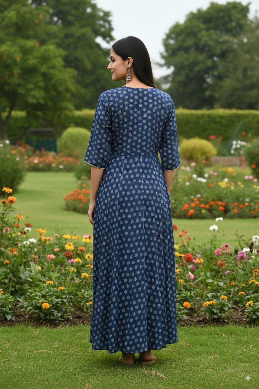 Premium Cotton Kurti with Indigo Print – 3/4 Sleeve