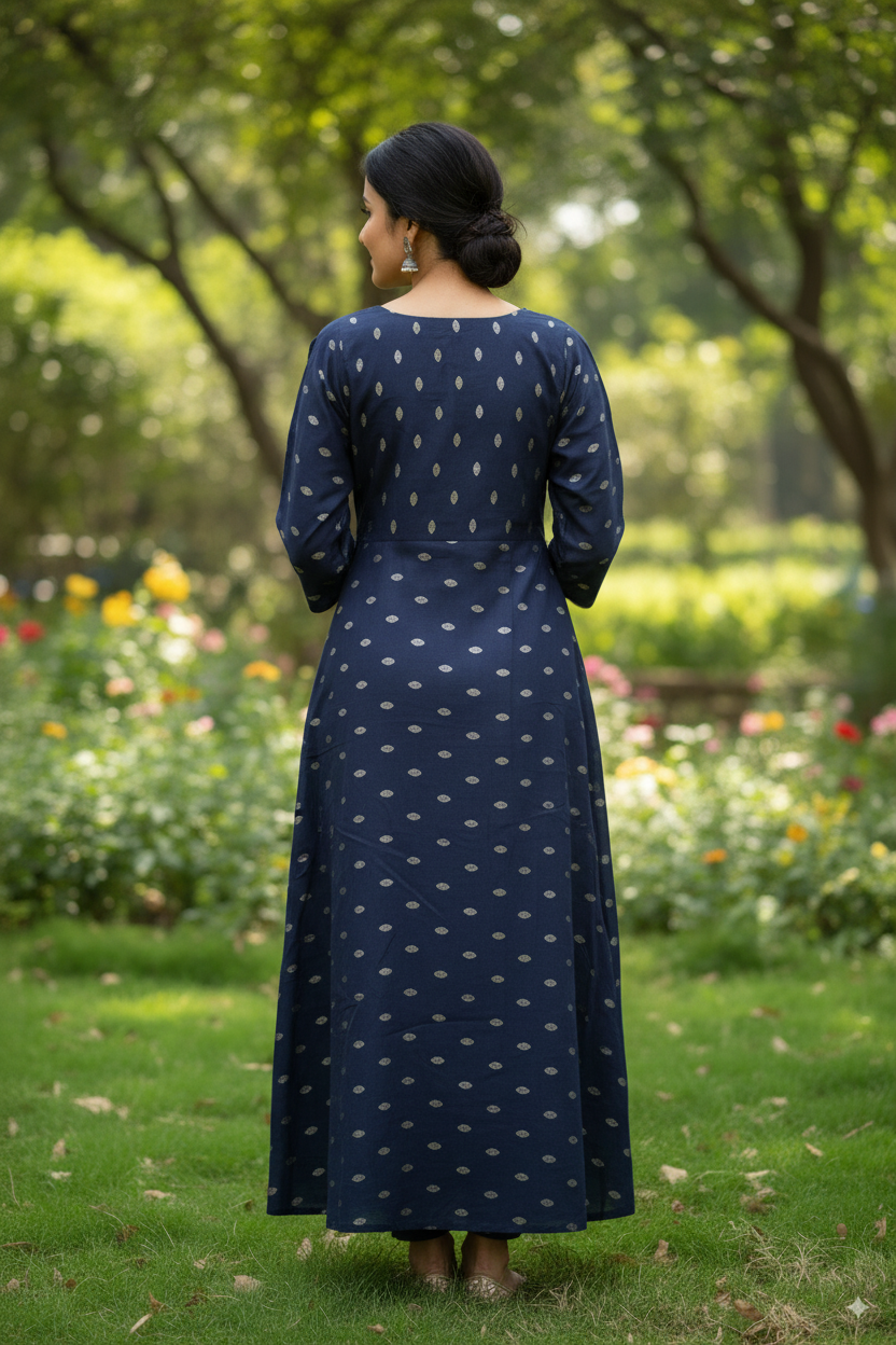 Premium Cotton Kurti with Classic Navy Blue Print – 3/4 Sleeve