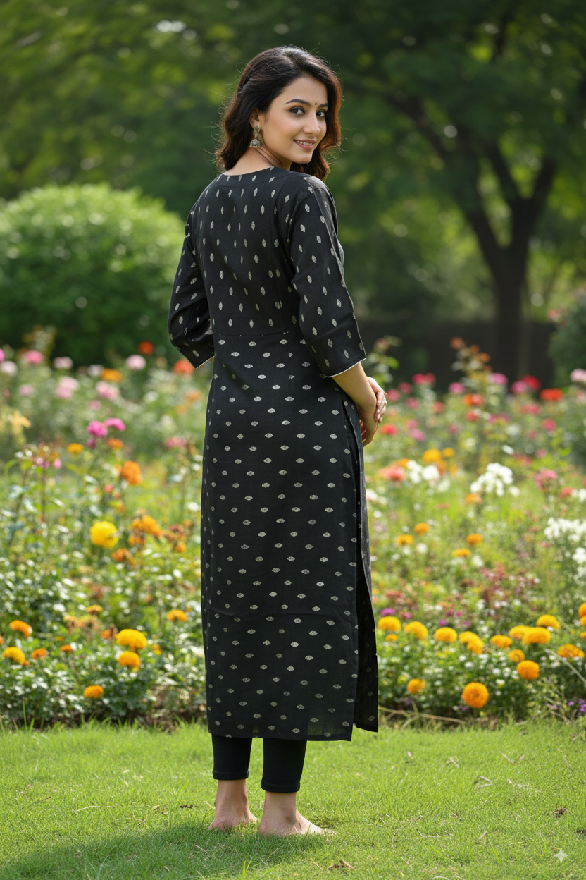 Premium Cotton Kurti with Elegant Black Print – 3/4 Sleeve
