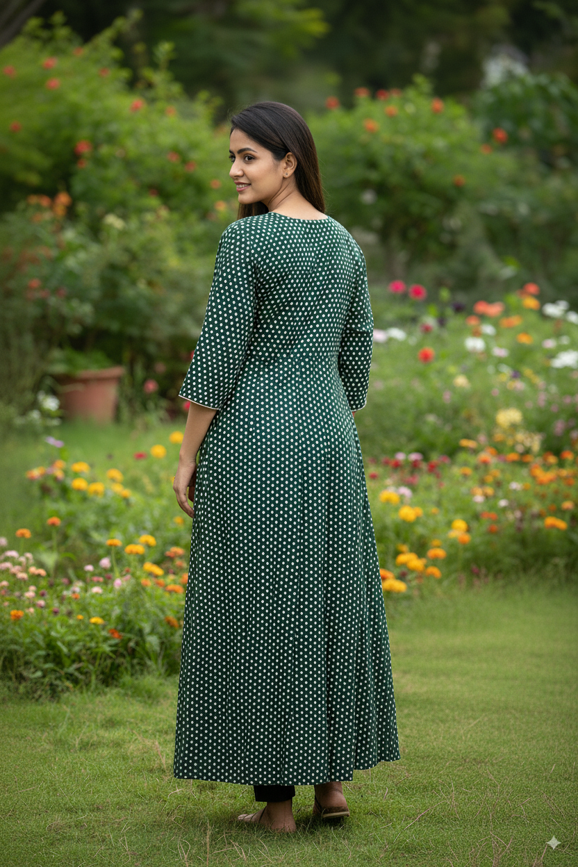 Premium Cotton Kurti with Green Polka Dot Print – 3/4 Sleeve
