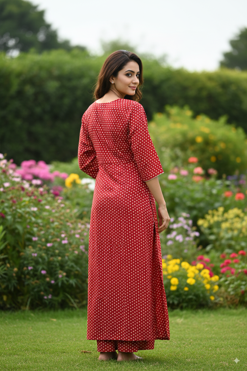 Premium Cotton Kurti with Red Polka Dot Print – 3/4 Sleeve