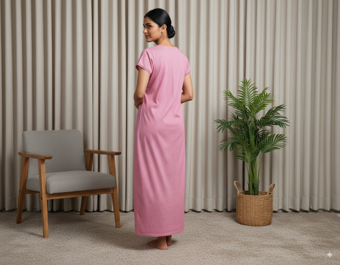 Women’s Cotton Nighty with Floral Neck Embroidery – Pink