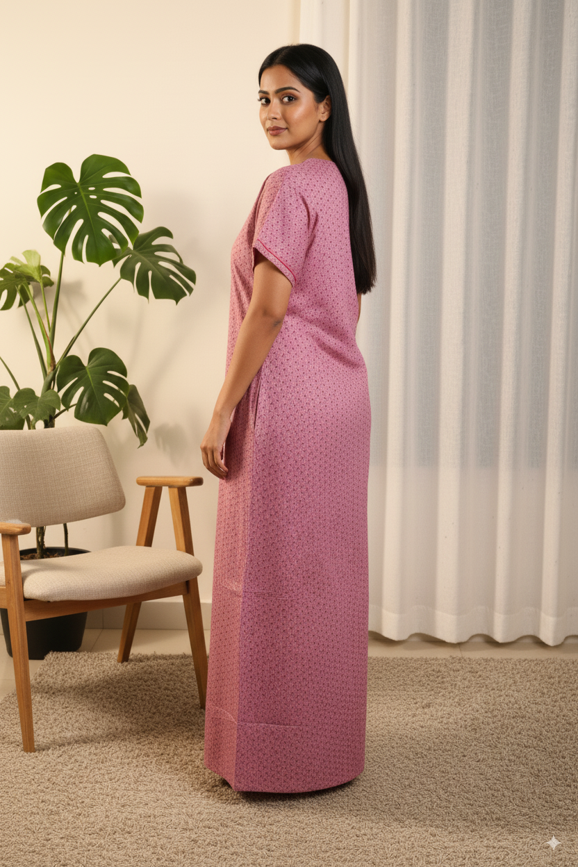 Women’s Cotton Nighty with Embroidered Neckline – Dusty Pink