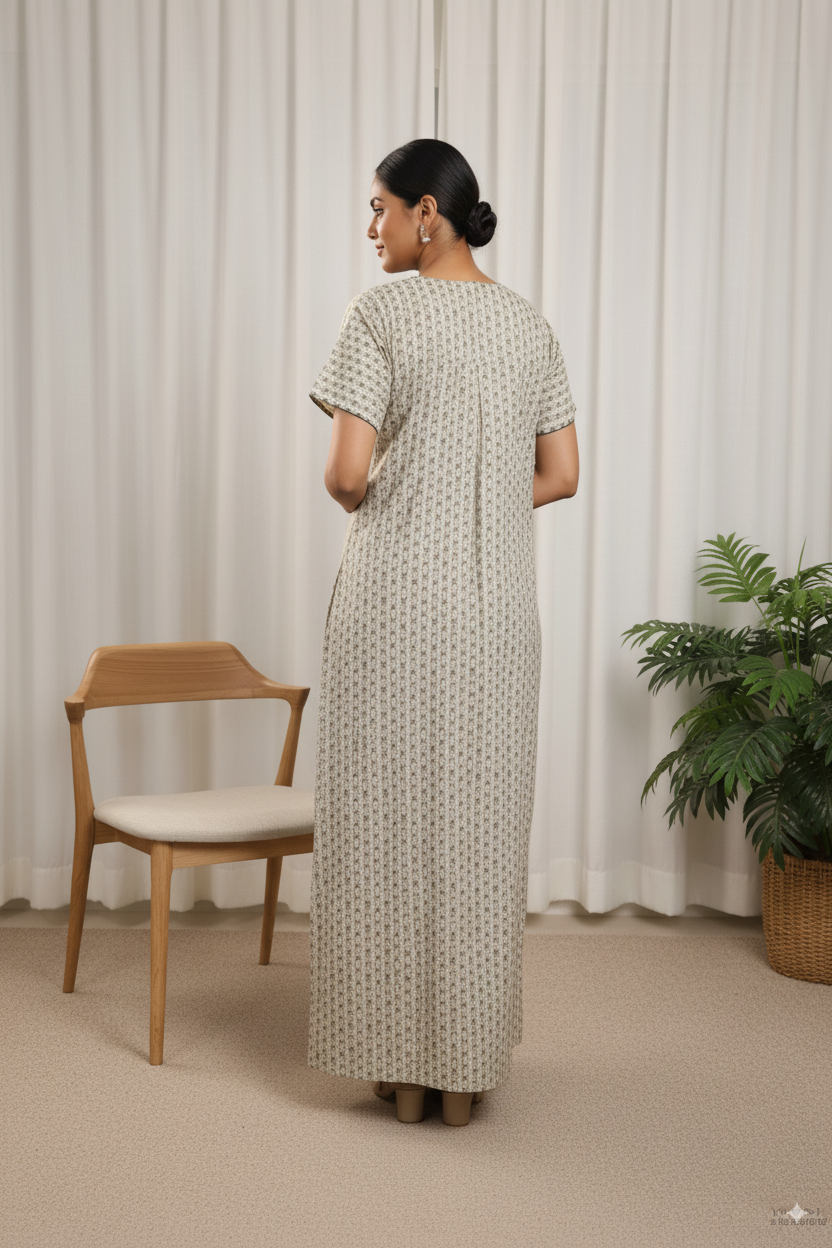 Women’s Cotton Nighty with Green Embroidered Neckline – Beige Stripe Floral Print