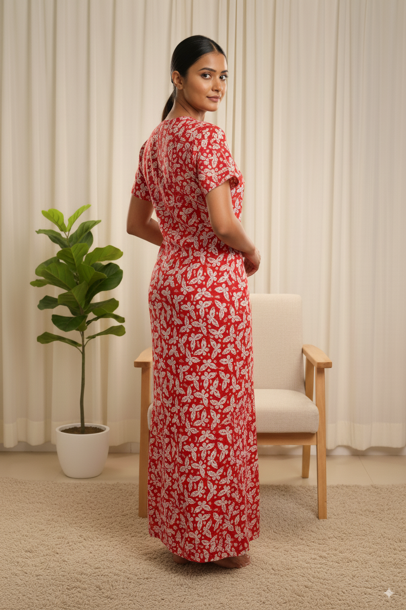 Premium Cotton Red Nighty – White Leaf Floral Print