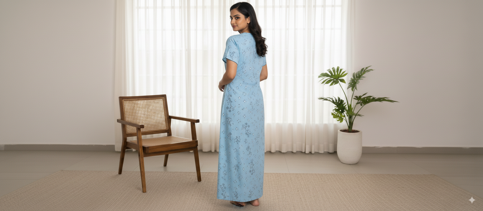 Women’s Cotton Nighty with Blue Floral Embroidery – Sky Blue