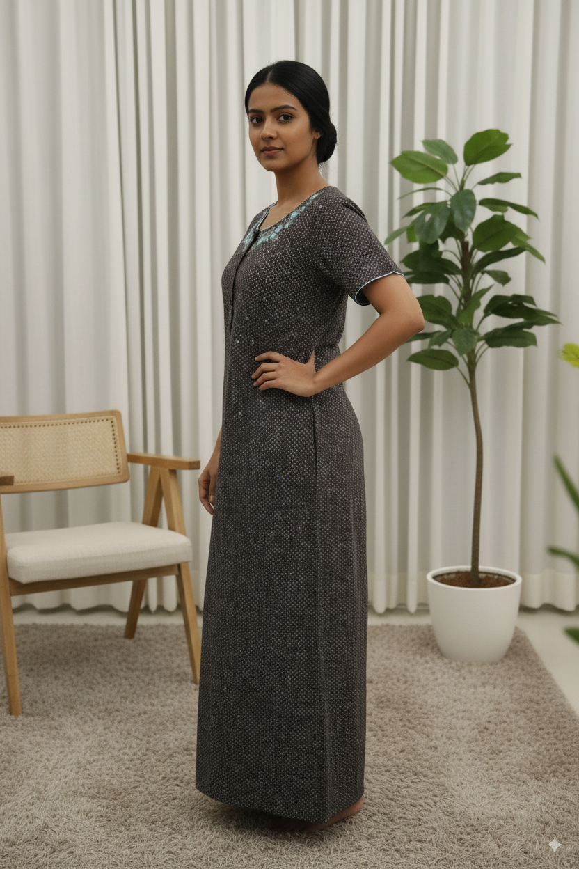 Premium Cotton Black Nighty – Blue Embroidered Neck & Floral Print