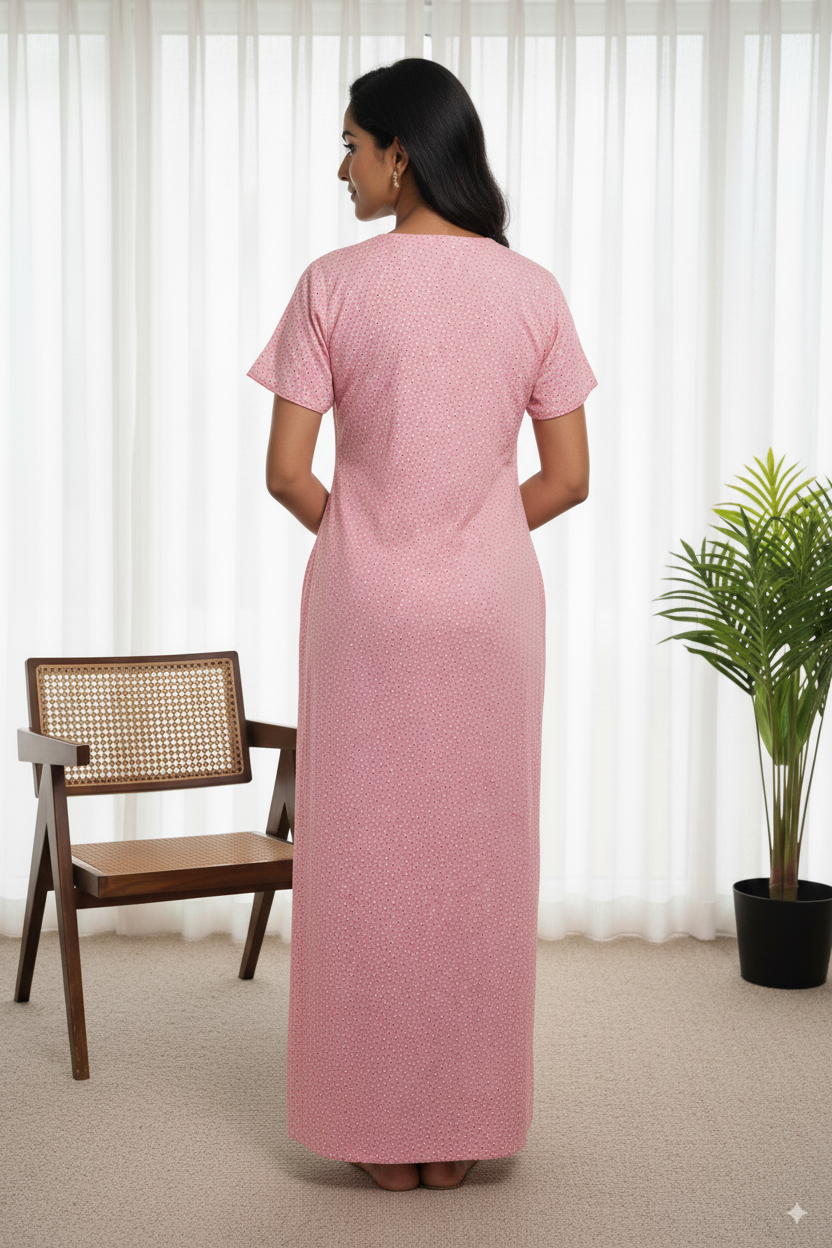 Women’s Cotton Nighty with Red Embroidered Neckline – Baby Pink Floral Print