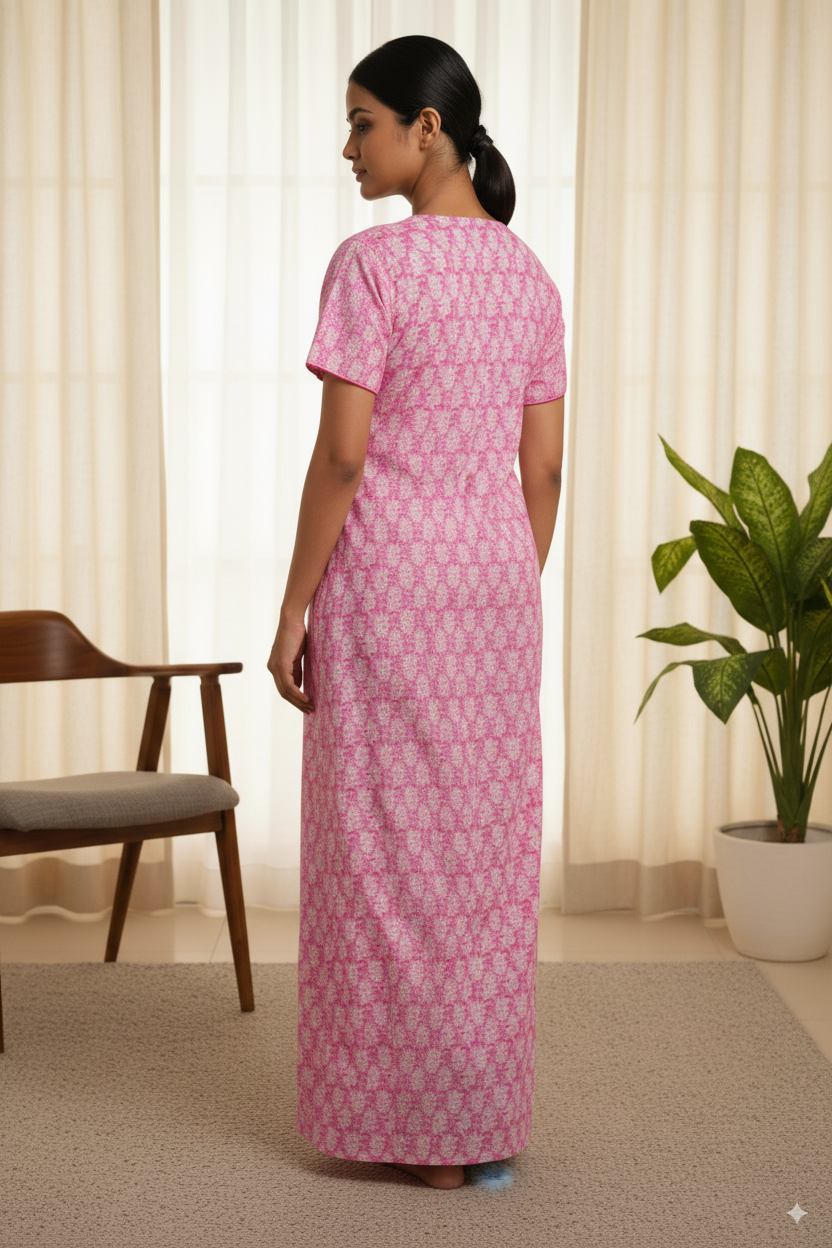 Pink Printed Cotton Nighty with Embroidered Neckline