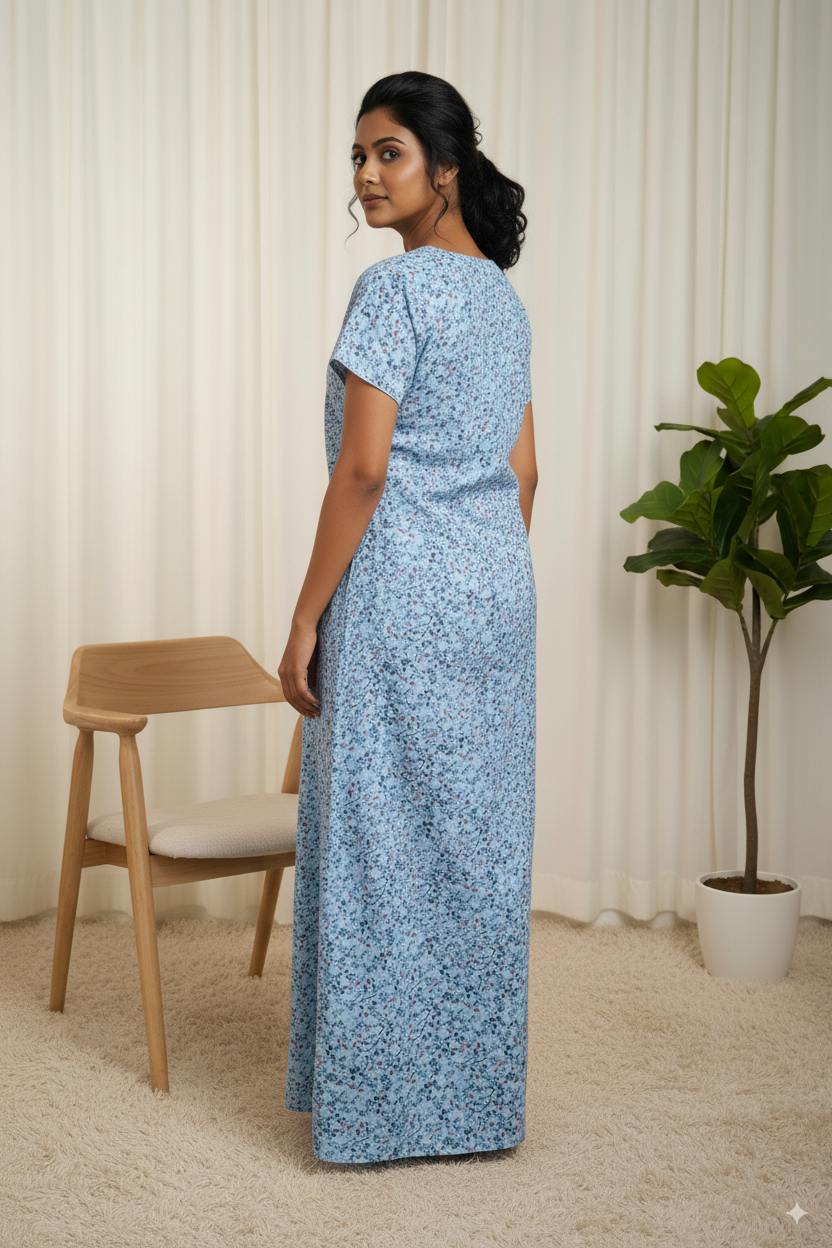 Premium Cotton Sky Blue Nighty – All Over Floral Print