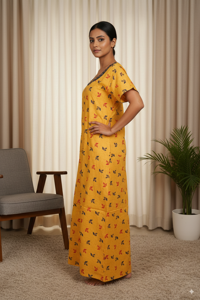 Mustard Yellow Printed Cotton Nighty with Embroidered Neck