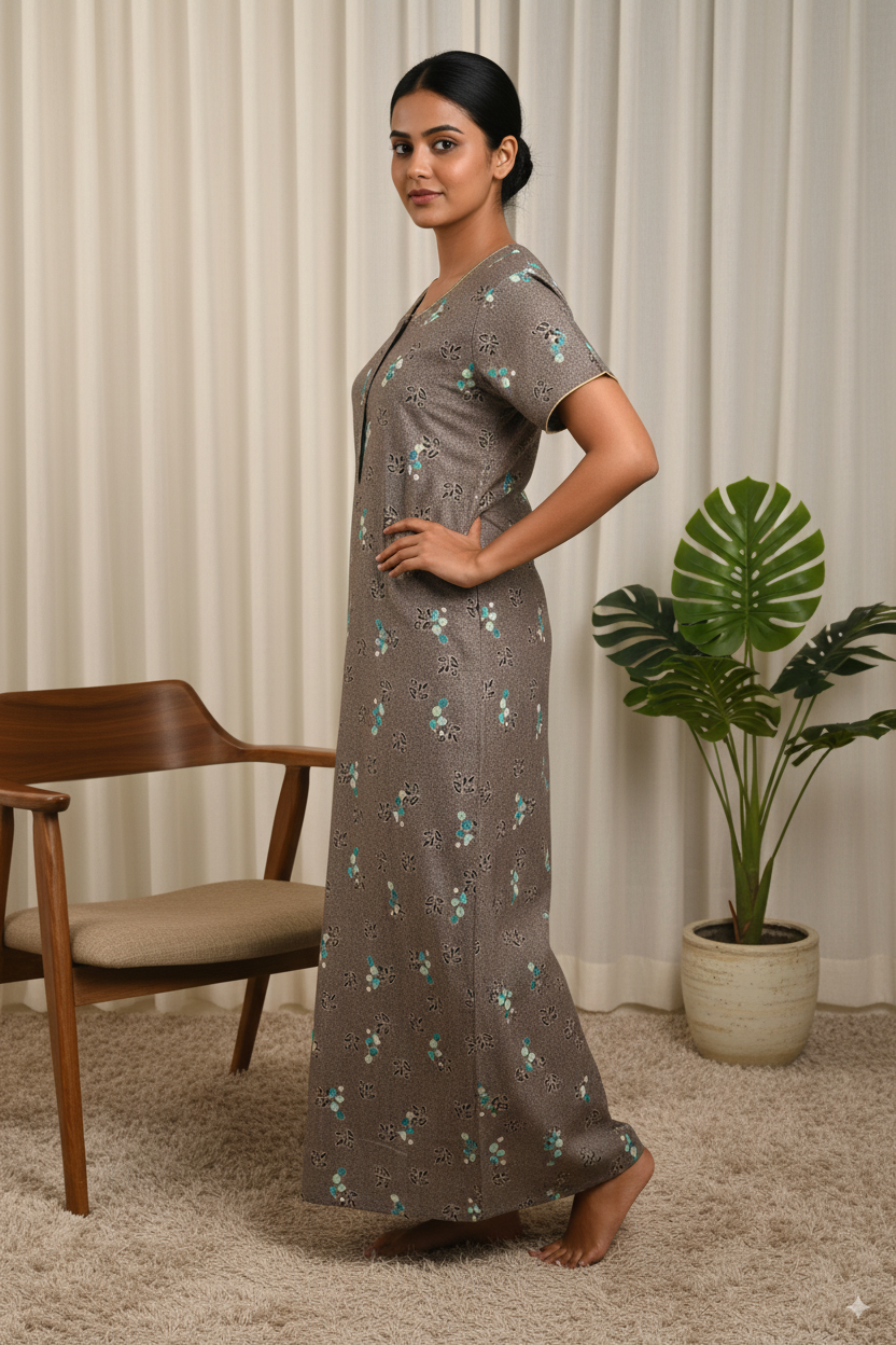 Premium Cotton Brown Nighty – Aqua & White Floral Print