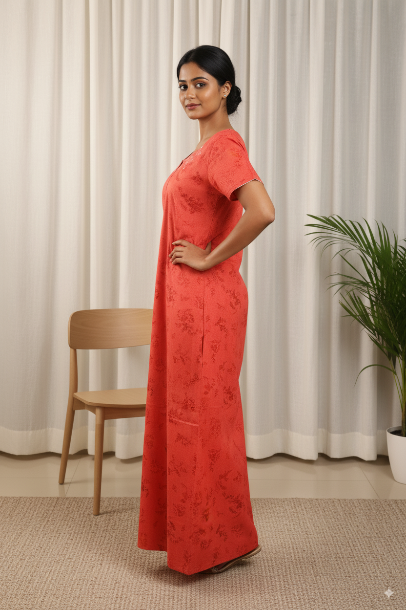 Premium Cotton Orange Nighty – Self Floral Print with Embroidery