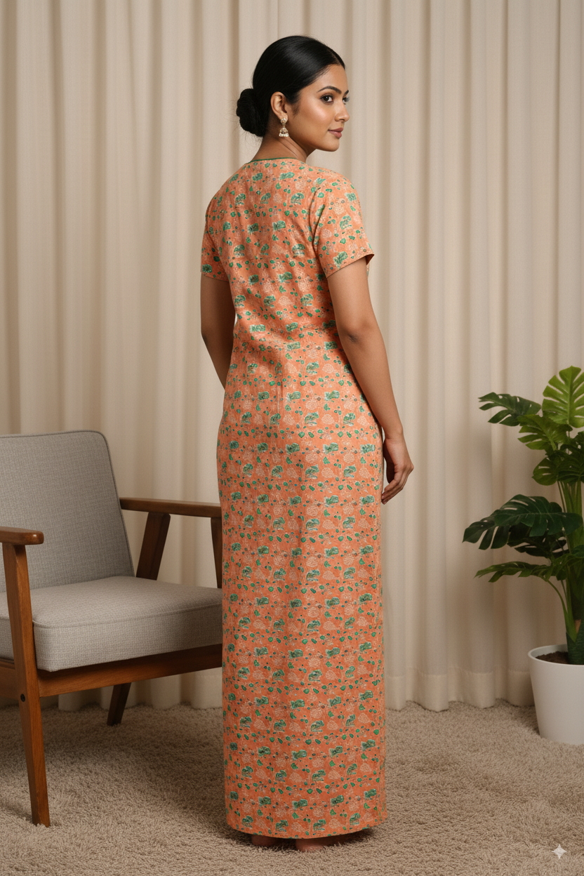 Women’s Cotton Nighty with Green Floral Print & Contrast Neck Design – Peach