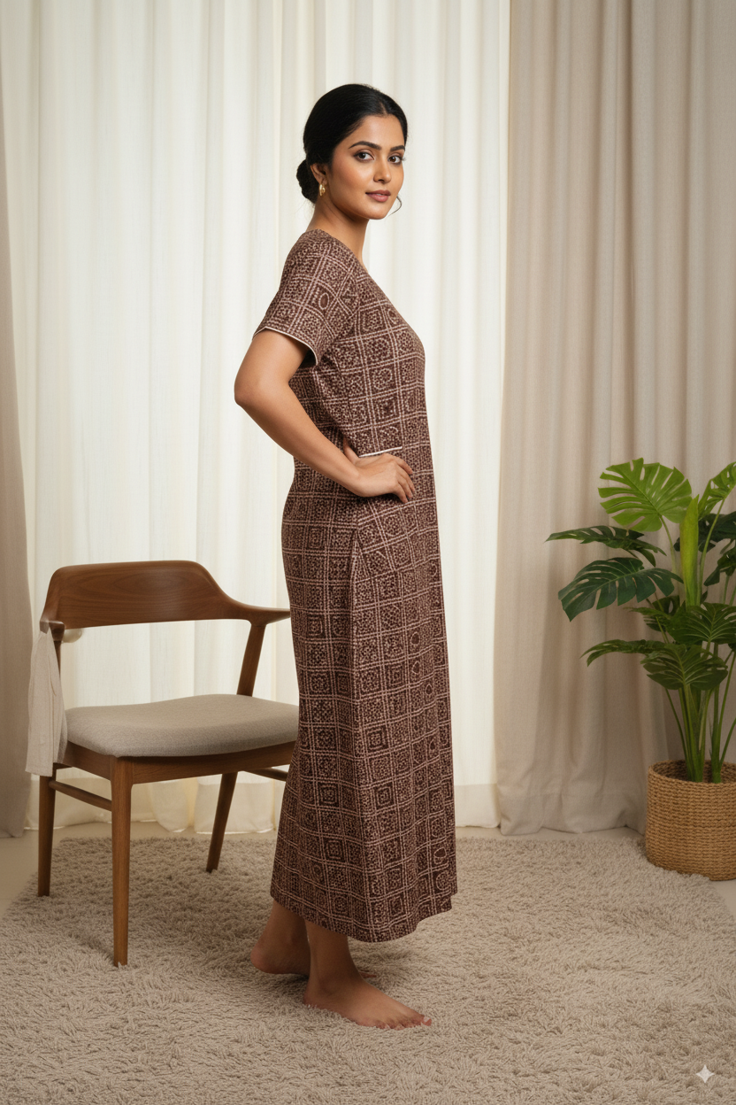 Brown Geometric Printed Cotton Nighty