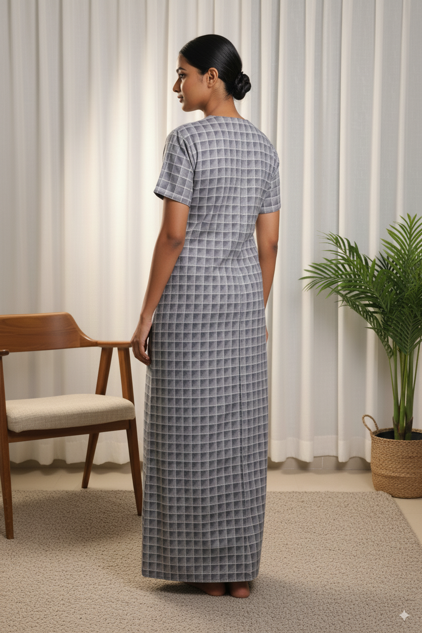 Women’s Cotton Nighty – Dark Green Floral Checked Pattern