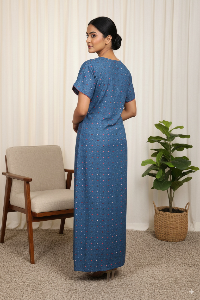Blue Polka Dot Printed Cotton Nighty with Embroidered Neckline