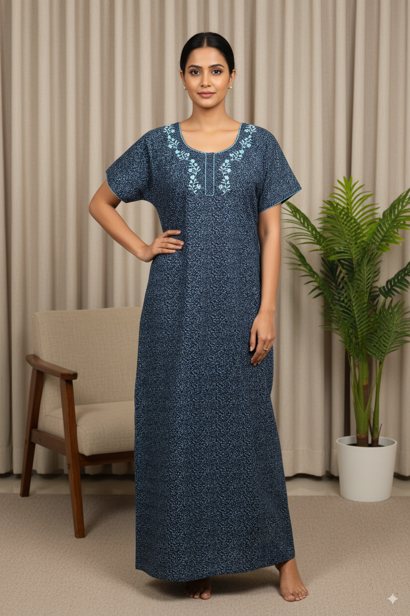 Elegant Navy Blue Cotton Nighty with Embroidered Neckline