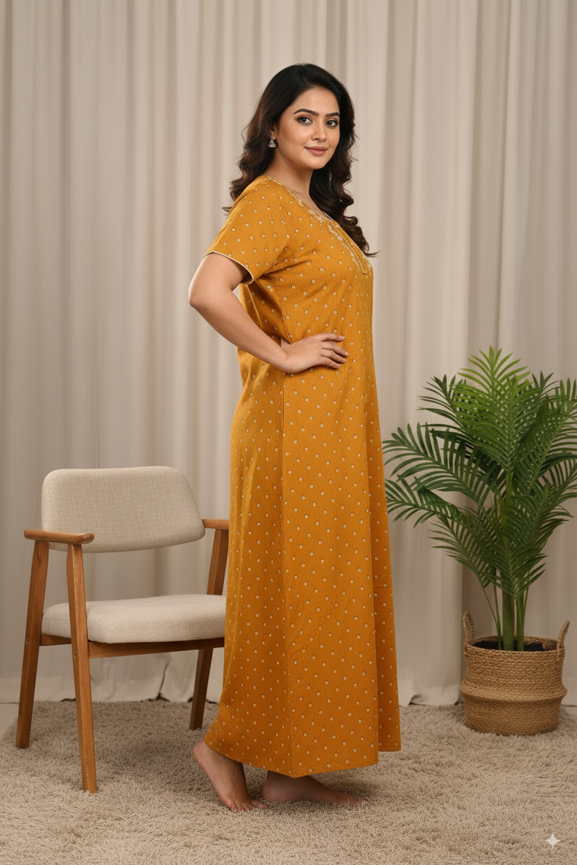 Mustard Yellow Printed Cotton Nighty with Embroidered Neckline