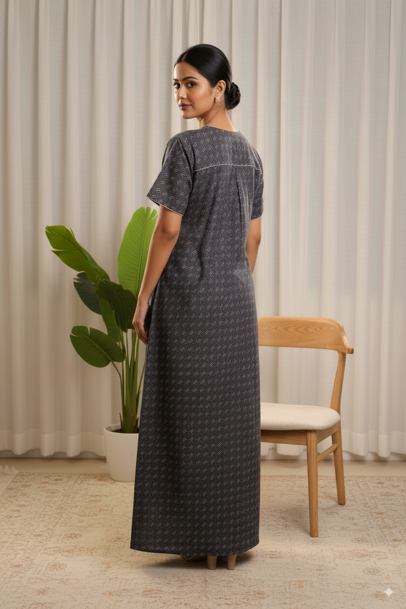 Elegant Grey Cotton Printed Nighty with Embroidered Neckline