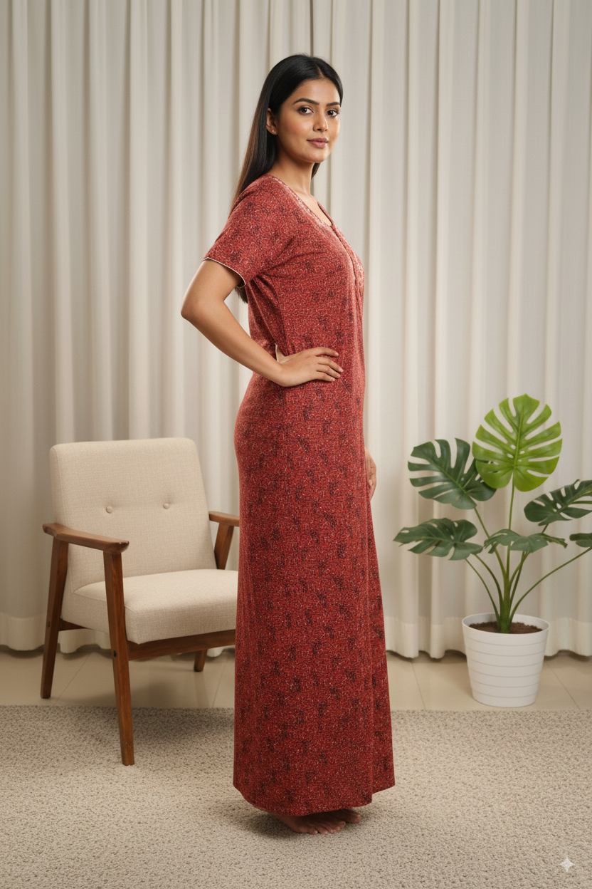 Brick Red Printed Cotton Nighty with Embroidered Neckline
