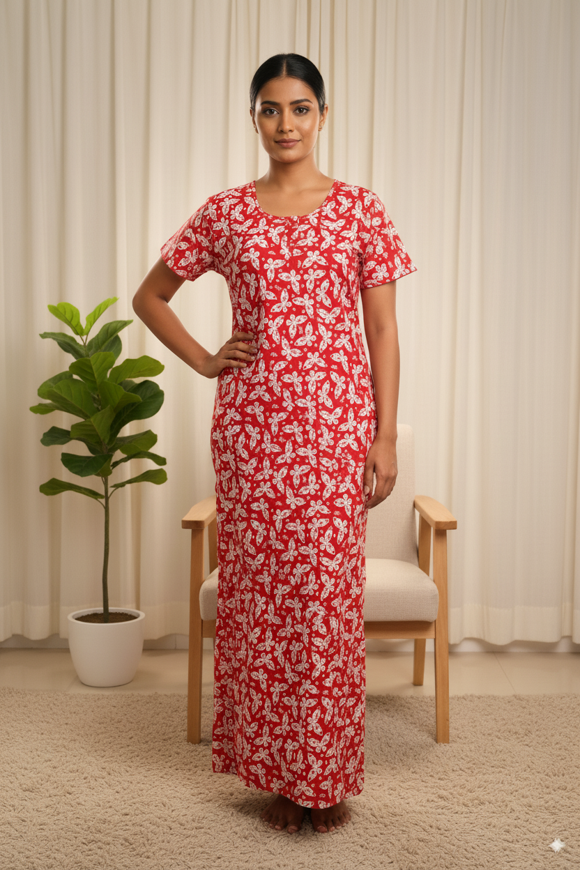 Premium Cotton Red Nighty – White Leaf Floral Print