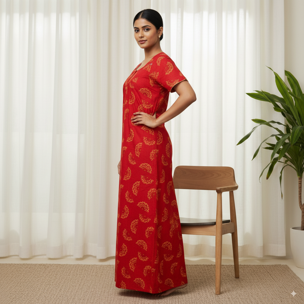 Premium Cotton Nighty – Red Paisley, Notch Neck, Short Sleeve