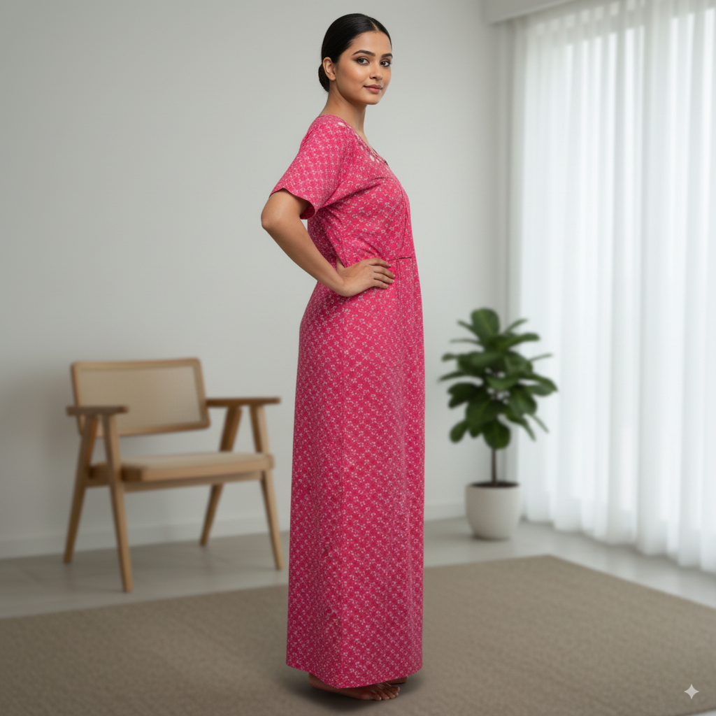 Pink Floral Embroidered Kaftan Nighty – Comfortable & Elegant Sleepwear