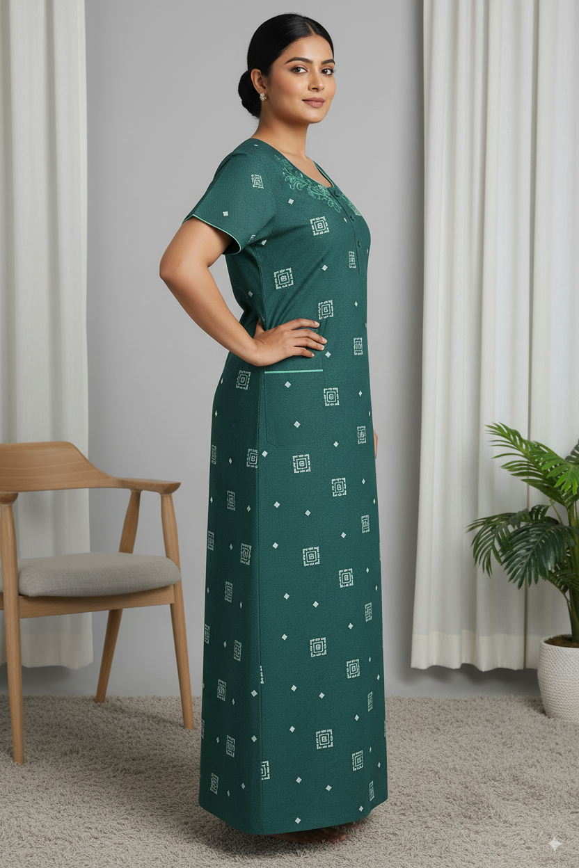 Dark Green Cotton Printed Nighty with Embroidered Neck & Pocket