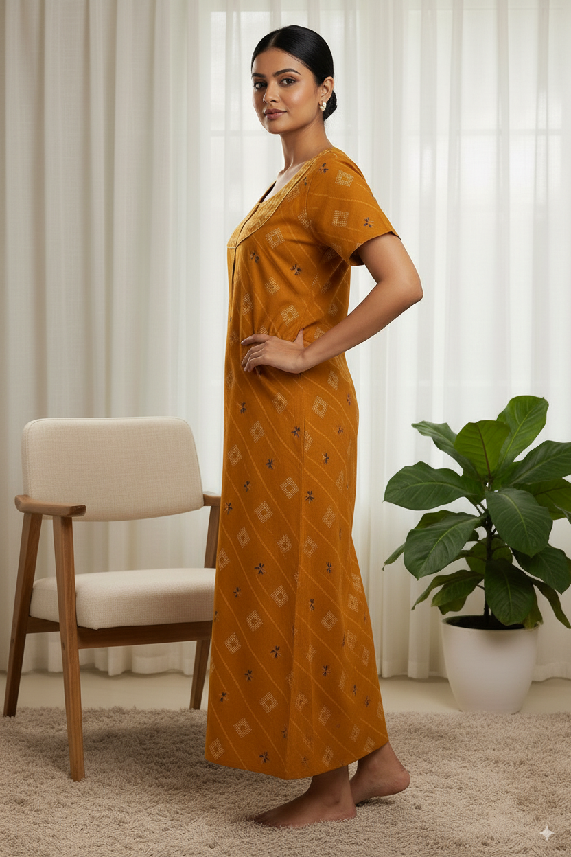 Rust Orange Printed Cotton Nighty with Zigzag Neck Yoke