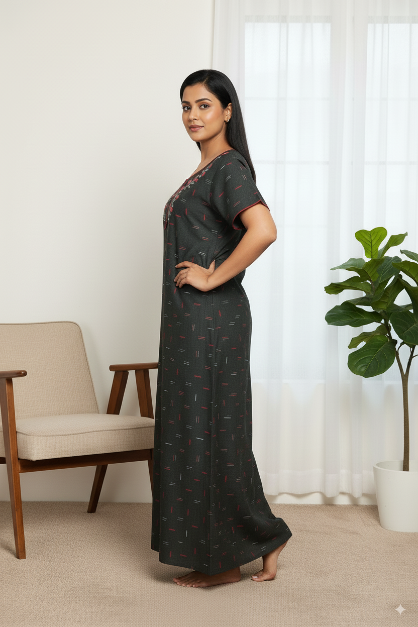 Charcoal Grey Printed Cotton Nighty with Red Floral Embroidery